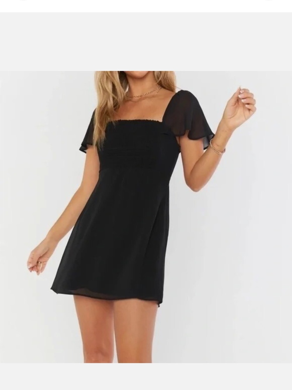 Show Me Your MuMu Black Smocked Square-Neck Mini Dress with Flutter Sleeves